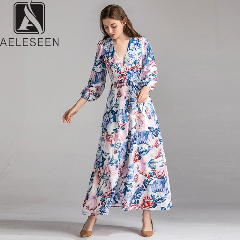 

AELESEEN New Arrival 2019 Autumn Vintage Dresses Women European Style Elegant Puff Sleeve Blue Pink Two Colors Floral Long Dress