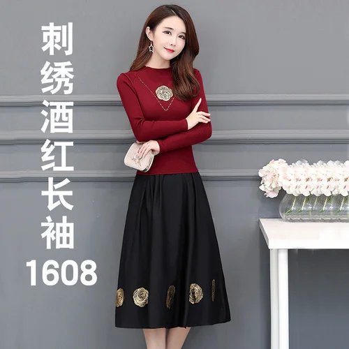 wine red-long 1608 KMETRAM зимнее платье Женский вязаный свитер миди винтажное платье элегантные женские платья с вышивкой платье с длинным рукавом MY4911 - Color: wine red-long 1608