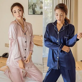 

Meihuida Autumn Women Soft Silk Satin Pajama Pj's Set Long Sleeve Button Sleepwear Homewear Nightwear