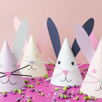 

3Pcs Cartoon Animal Birthday Hat Pink Plush Ball Happy Birthday Party Kids Cute Rabbit Paper Hat Baby Shower Hat Ornament