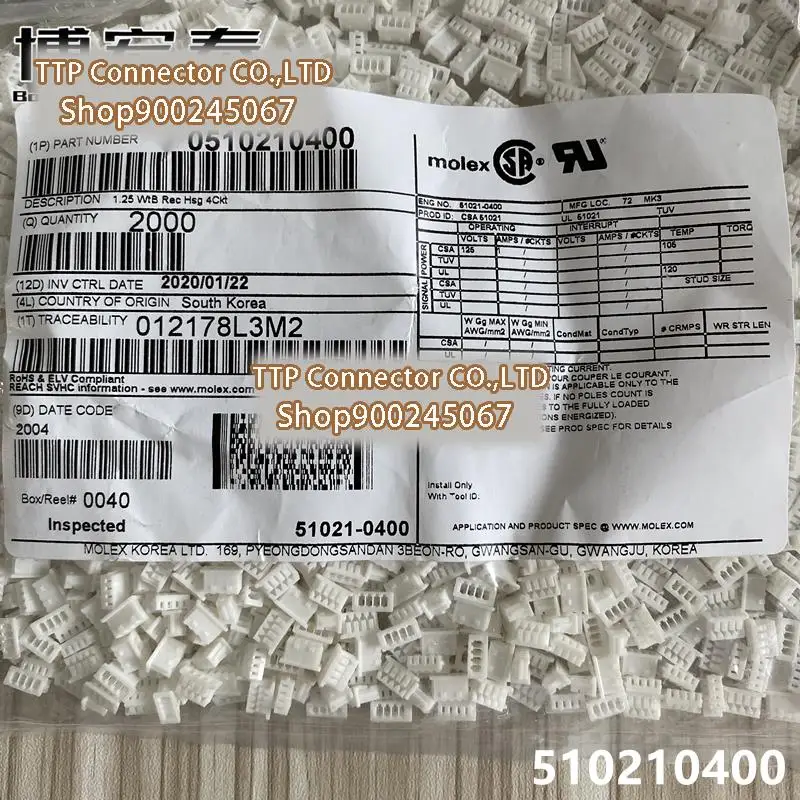 

2000pcs/lot Connector 51021-0400 510210400 Plastic shell 4P 1.25mm Leg width 100% New and Origianl