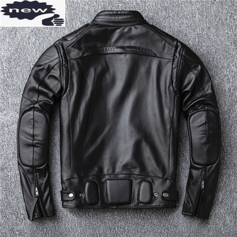 

New Mens Top Genuine Leather Motorcycle Suit Cowhide Stand Collar Biker Jacket Slim Fit Short Riding Winter Thick Lining Coat