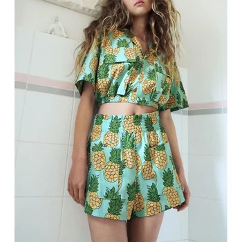 

new summer suits women two piece set pineapple printed pajama style soft short tops blouse & printed casual shorts loose