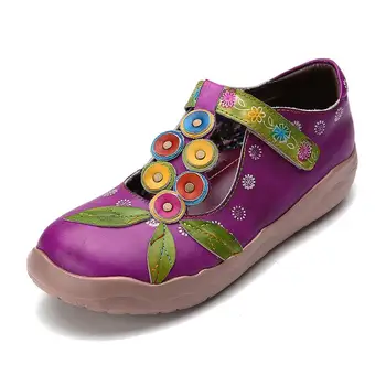 

Iliyah Genuine Leather Sandals Floral Splicing Colorful Hollow Flowers Pattern Stitching Casual Slip On Sandals Flat Shoes Women