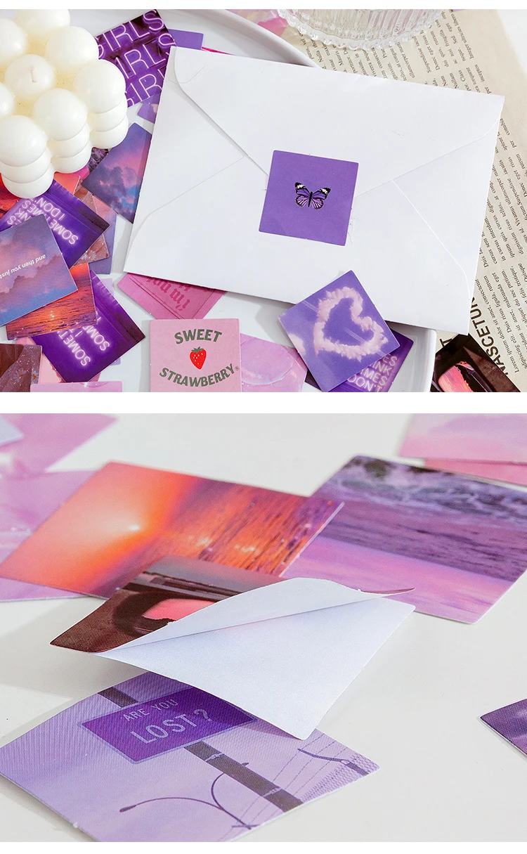 Pink Purple Love Material Sticky Diary Stickers Aesthetic Scrapbook Sticker for Notebooks Stationery Supplies Packing 46PCS