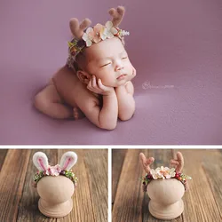 Bonnet en feutre de laine pour nouveau né, chapeau en forme de cerf, de lapin, de chat, de baies, accessoires de photographie pour bébé, couvre chef 