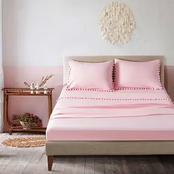 

15 Wash Bedding Set Solid Pink Flat Sheet Fitted Sheet Pillowcase Bed Sheets 4-Piece Queen Natural Old Effect Bedclothes