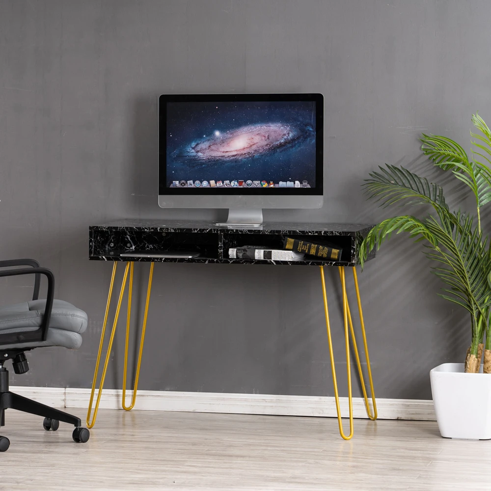 [103 x 55 x 80]cm Marble Iron Foot Computer Table Black