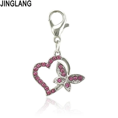 Pink JINGLANG тибетский серебряный смешанный Кристалл Любовь Бабочка Подвески 12 шт - Окраска металла: Pink