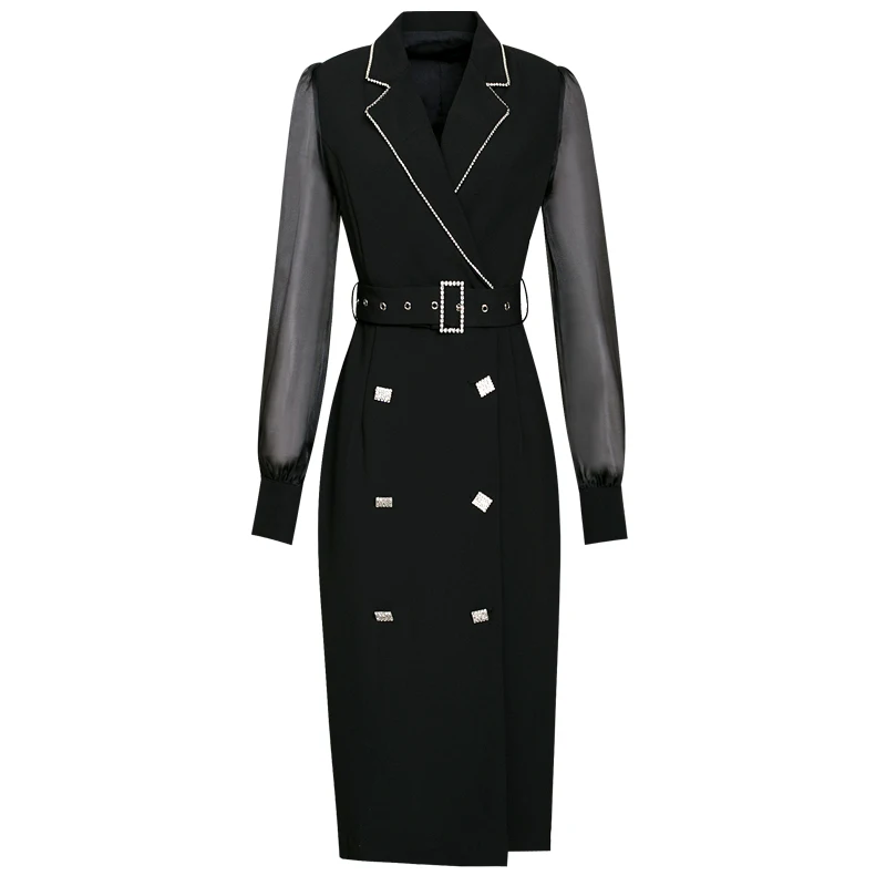 

office look Luxury dress 2020 Designer runway dresses diamonds mesh patchwork notched collars black dress OL style plus size