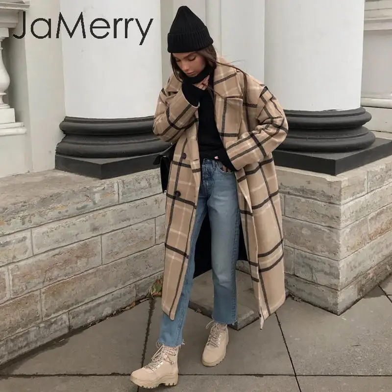 JaMerry, винтажное клетчатое женское твидовое пальто, пуговицы, карманы, Осень-зима, Женское пальто, v-образный вырез, для офиса, для девушек, теплое, длинное пальто