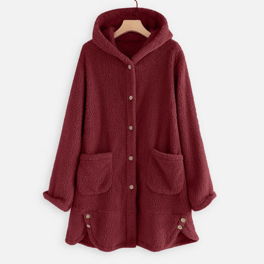 Winter Fashion Women Coat Button Fluffy Tail Tops Hooded Pullover Loose Sweater Oversize Coats Warm Outwear For Female#J30