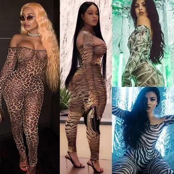 

Nightclub Sexy Jumpsuit Off Shoulder Wrap Pant Leopard Print Tiger Stripe Printing Jumpsuits Horn Cuff Suit-dress Pants
