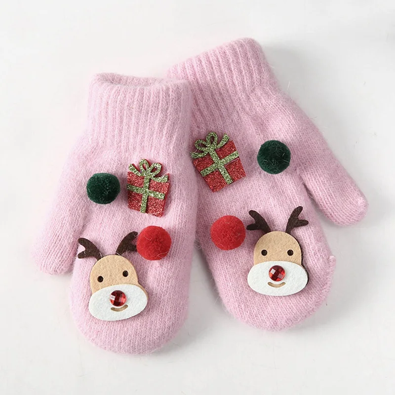 PK Лидер Продаж Детский Теплый зимний хлопковый KnittedChristmas олень милый полный палец перчатки варежки для мальчиков и девочек; детские толстые мягкие перчатки подарок - Цвет: PK