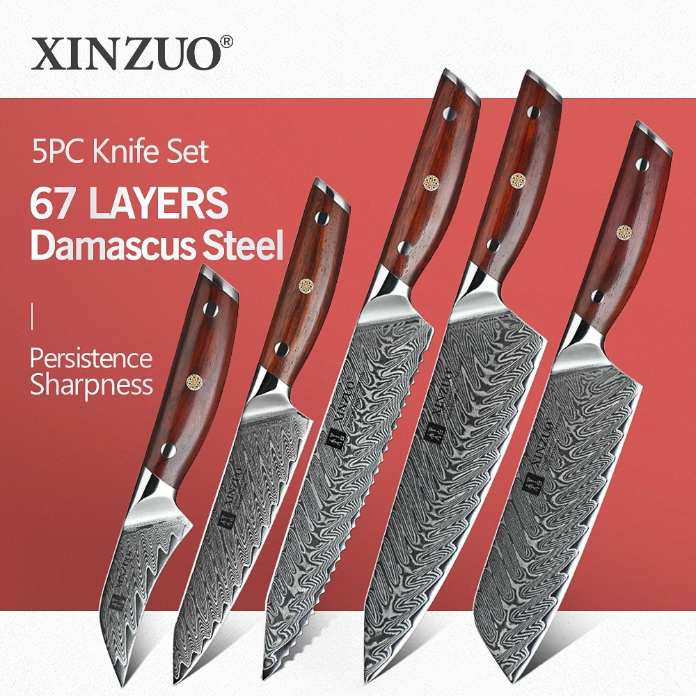 

XINZUO 5PCS Knife Set High Quality Carbon Damascus Stainless Steel Japanese Damascus Chef Santoku Bread Utility Paring Knives