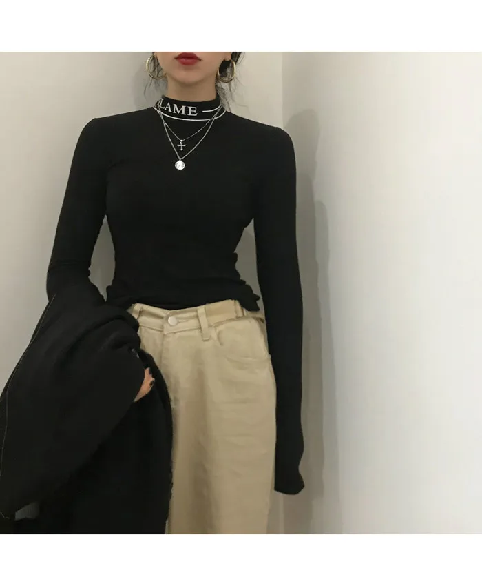 Корейский дизайн Письмо Высокая водолазка стрейч Slim Fit флис теплый джемпер