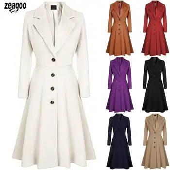 

New Fashion Women Casual Turn-down Collar A-Line Pleated Hem, Regular fit Button Long Sleeve Solid Windbreaker