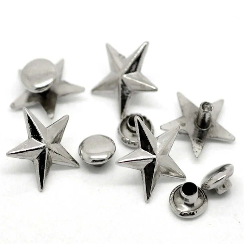 50Sets Zinc Alloy Screw On Garment Rivets For Handmade Pentagram Star Silver Color Bag Hats Deco Embellishment 14*13mm 7mm Dia.