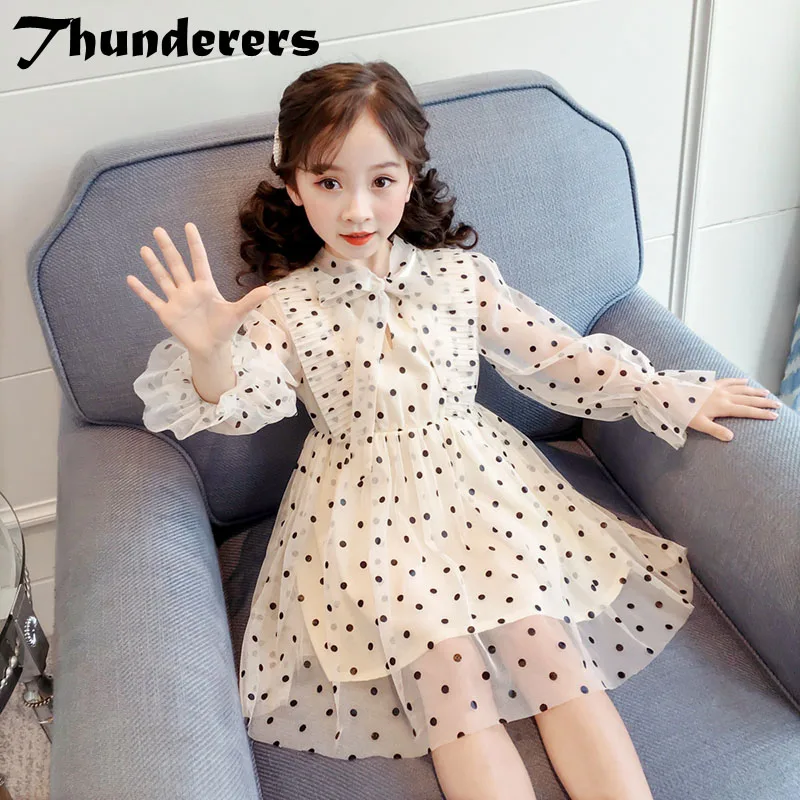 Thunderers Casual Kids Princess Dress For Girls Dots Printed Long Sleeve Mesh Girl Party Dresses Fashion Children Clothes | Детская