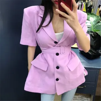 

ZCWXM Chic Office Lady 2020 Gentle Casual Short Sleeves Solid Woolen Leisure Women Loose All Match Brief Sashes Belt Blazers New