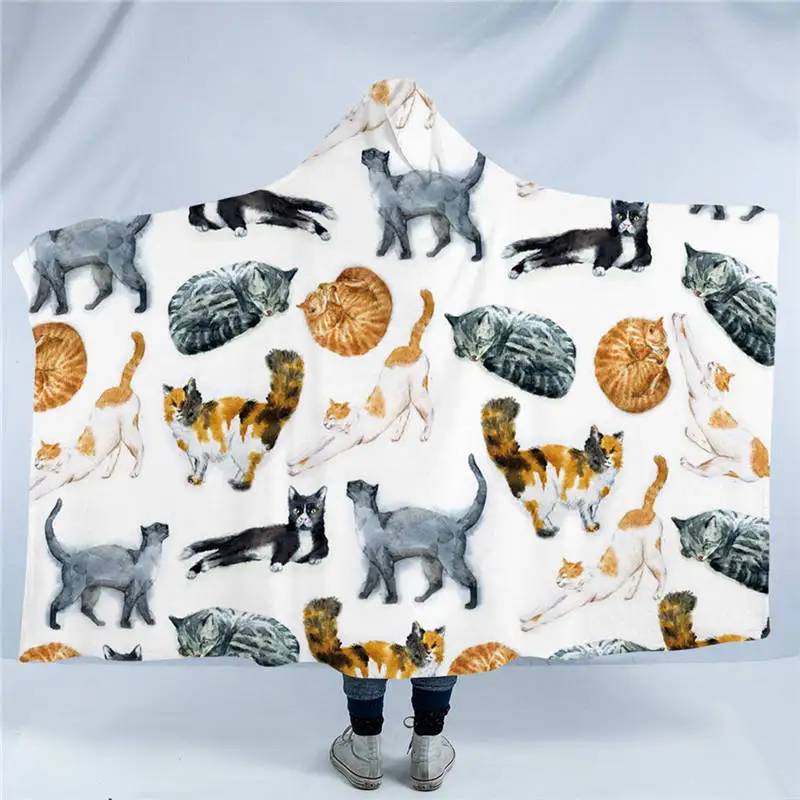 Colorful cat Постельные принадлежности Outlet милые кошки с капюшоном одеяло мультфильм Шерпа флис микрофибра для детей акварель ПЭТ пледы одеяло животных Манта - Цвет: Colorful cat
