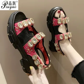 

Hollow out open-toed women sandals fashion diamond beads women outdoor wedge shoes Women Waterproof platform Summer shoes