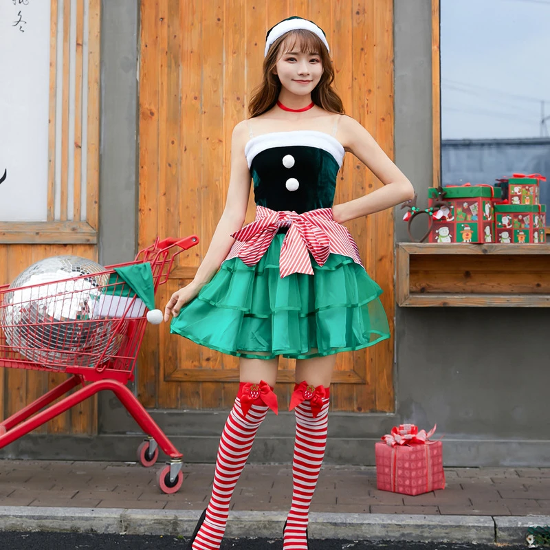 Christmas new cosplay costume Christmas Eve cute dark green Halloween cake topless striped dress Ladies play clothing