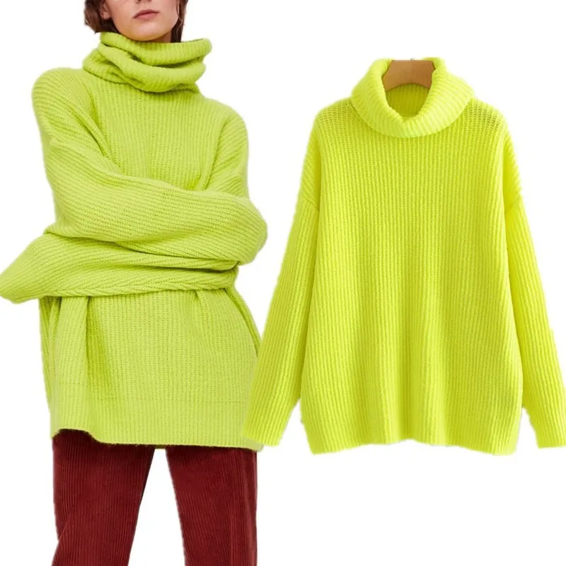 

LANMREM 2019 New Turtleneck Full Sleeves Knits Yellow And Rose Red Pullover Loose Sweater Female High Fashion Quality WJ53107L