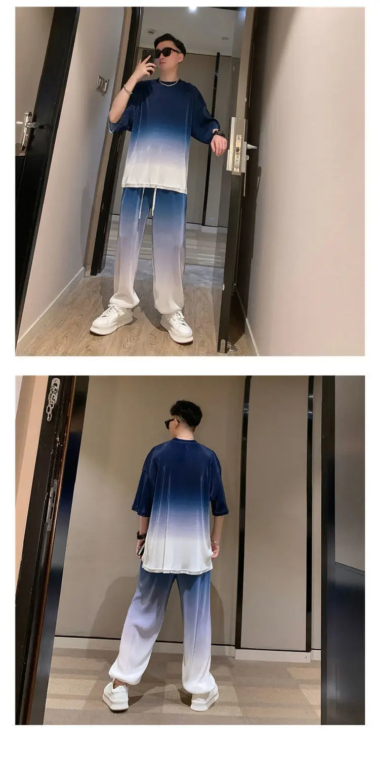 Men Outfit Set 2021 Summer New Men's Casual Loose Two-piece Korean Trend Handsome Gradient Ice Silk Casual Suit Men mens matching sets