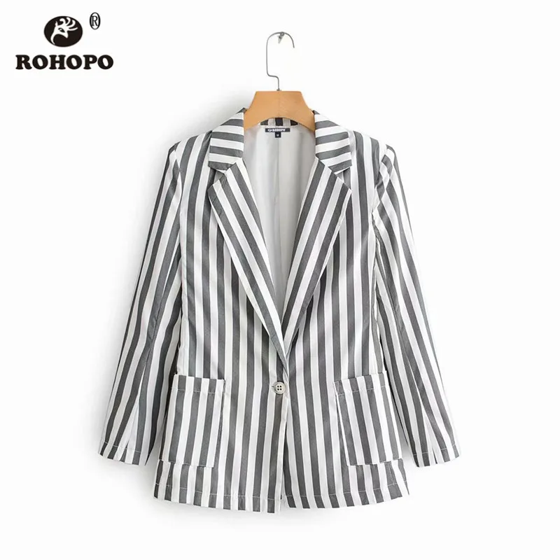 

ROHOPO Gray Vertical Striped Slim Balzer Women Autumn Notched Collar Slim Office Ladies Chic Outwear #9068