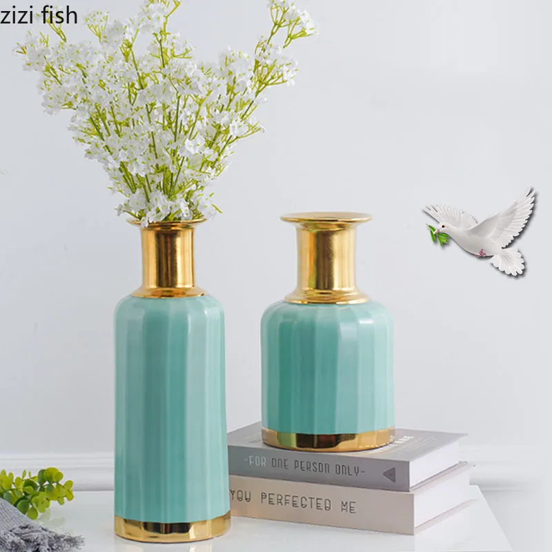 Gilded Ceramic Vase Light Blue Flower Arrangement Office Desk Decor Quality Porcelain Vases Floral Ornaments Home Decoration | Дом и сад