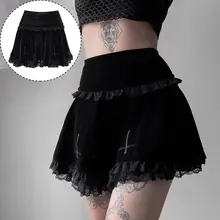 

Sexy Women A-Line Skirts Pleated Bottoms Embroidery Mini Skirts Lace Brim Clubwear Vintage Black High Waist Bodycon 2021 New
