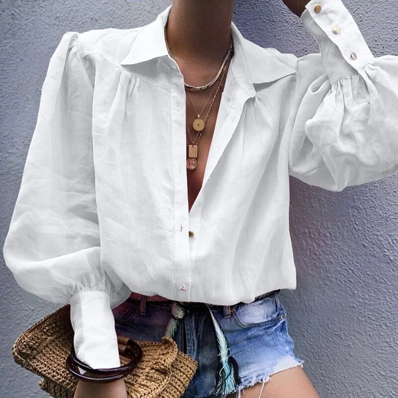 Женская Осенняя блузка, Сексуальная рубашка с рукавом-фонариком и отложным воротником, повседневные топы, Elehgant, Офисная Женская рабочая одежда, уличная блуза - Цвет: Белый