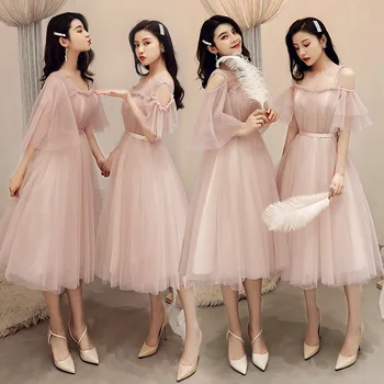 

Bridesmaid Dresses 2020 O-Neck Wedding Guest Gowns R285 Cameo A-Line Formal Vestidos De Dama De Honor Tea-Length Elegant Dress