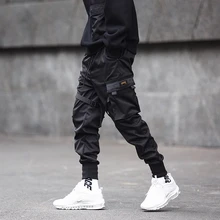Черные брюки-карандаш для бега в стиле хип-хоп, мужские брюки-карго с эластичным поясом, мужские брюки-карго с ленточным карманом DG11