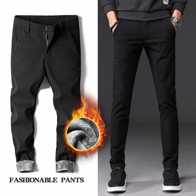 Men's Trousers Thick Fashion Winter Thermal Masculino Long Pant Keep Warm Slim Pencil Pants Business Casual Hombre Male MOOWNUC