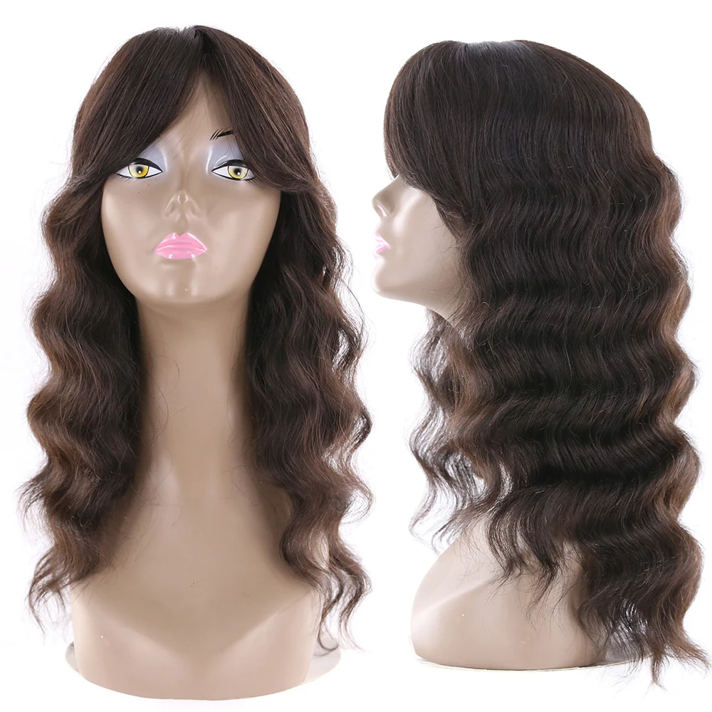 Loose Wave Brazilian Human Hair Wigs With Bangs Side Part IJOY Natural Color 20inch Long Human Hair Wig Non-Remy Hair Wig