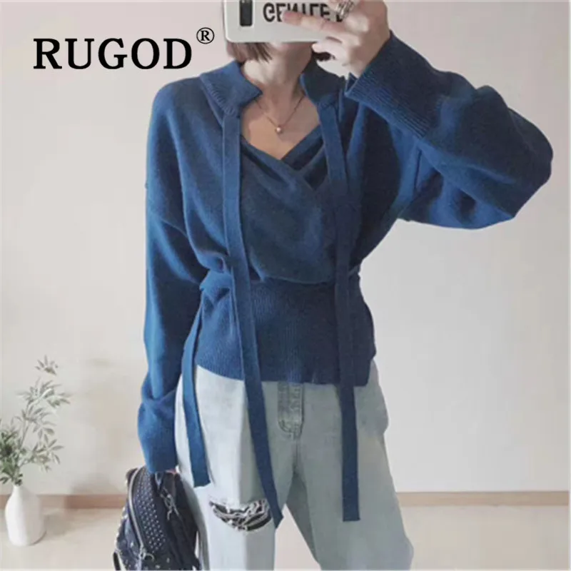 RUGOD осень зима стиль Шикарный Сбор талии ленты элегантные трикотажные топы сплошной цвет корейский стиль Женская мода