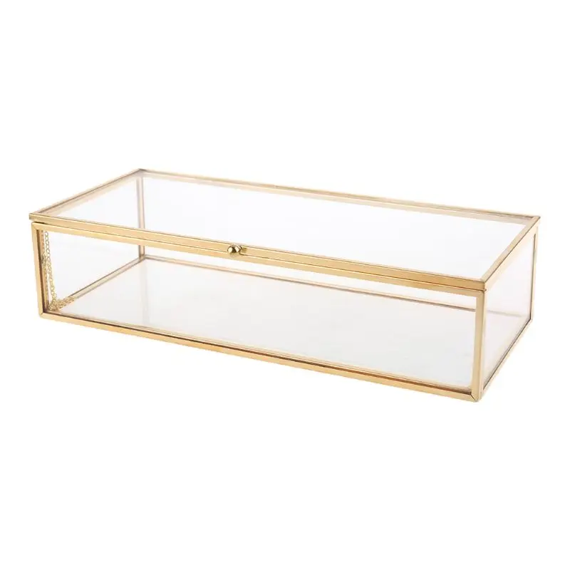 K5DC Golden Vintage Glass Lidded Box Edge Bracelet Keepsake Decorative Jewelry Display Personalized Large Clear Rectangle Box jewelry display pillows mini storage boxes