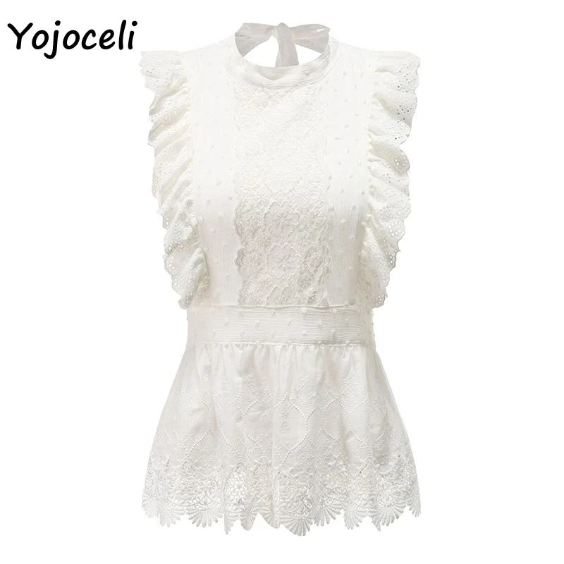 Yojoceli белые хлопковые кружевные блузки, рубашка, женские хлопковые блузки с бантом сзади, Женская кружевная рубашка с рюшами