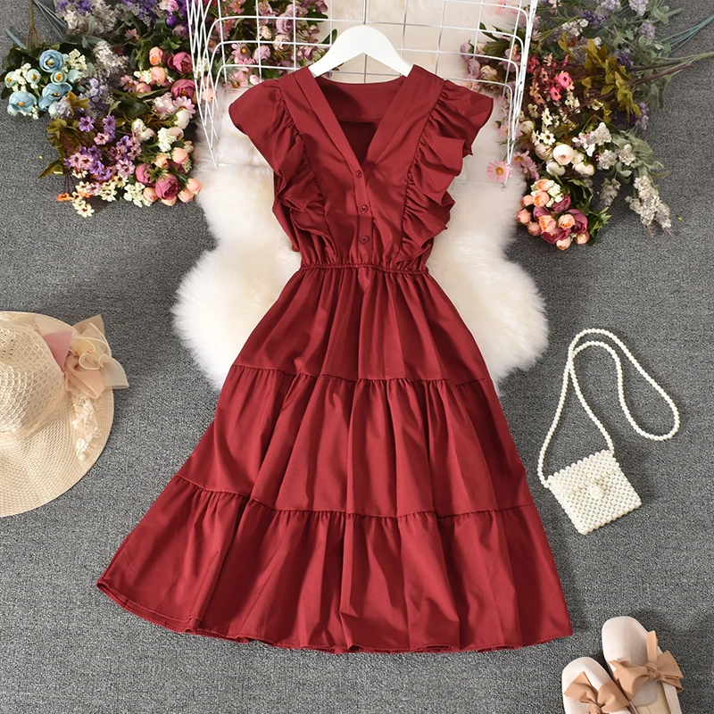 

Holiday Beach V-Neck Sleeve Dresses High Waist Thin Cake Solid Color Women A-Line Dresses Summer Tank Casual Ruffles Dresses