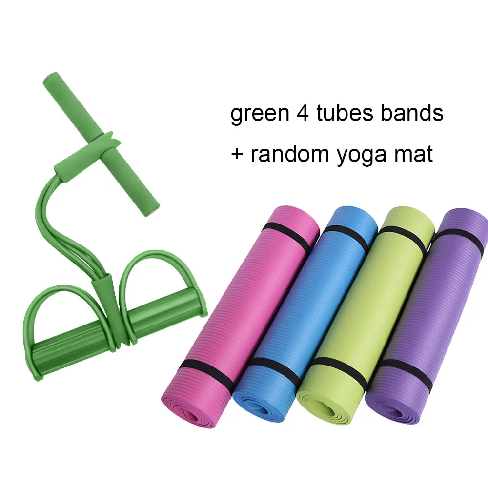 green random mat 2 Pieces Yoga Set Workout 4 Tubes Strong Fitness Yoga Resistance Bands With 10mm Yoga Mat Natural Latex Pedal Exerciser Sit- up - Цвет: green random mat