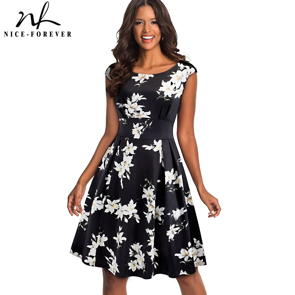 Женское винтажное платье Nice forever деловое трапеция с круглым вырезом и цветочным