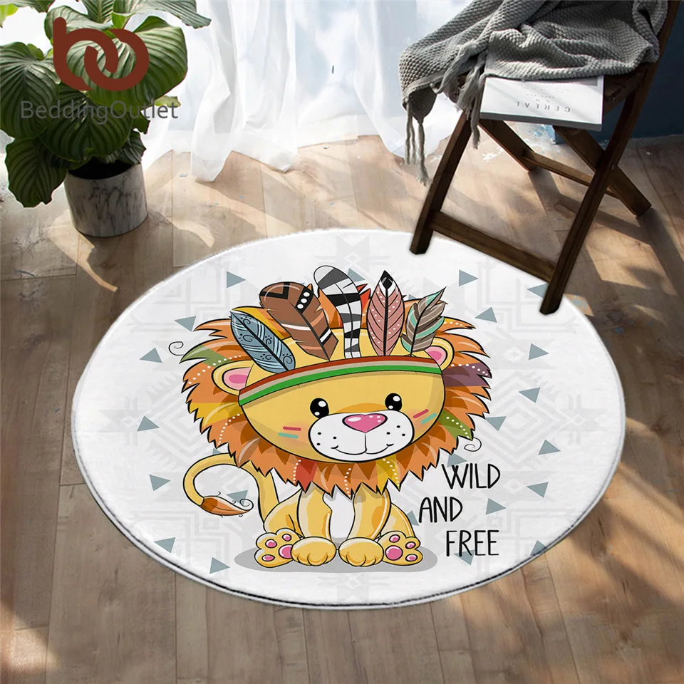  BeddingOutlet Cartoon Animal Round Carpet Cute Lion Owl Pug Floor Mat Feather Aztec Area Rug Colorf