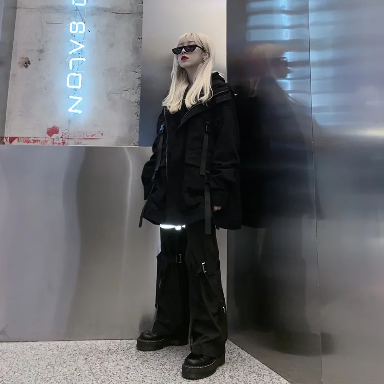 Корейская Осенняя зимняя новая уличная одежда Harajuku Черная куртка больших размеров с несколькими карманами женские свободные винтажные рабочие повседневные пальто