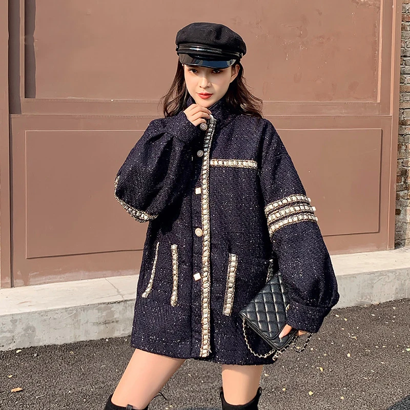 Корейский стиль, уличная одежда Harajuku, Женское пальто, шикарное, стоячий воротник, длинный рукав, твидовое пальто, женская мода, женская Свободная одежда SL086