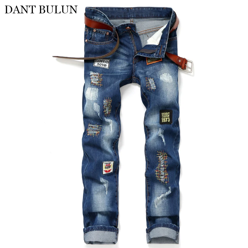 

Men's Ripped Jeans Slim Fit Holes Distressed Embroidery Patchwork Denim Pants Casual Trousers Hip Hop Fashion Jeans Hombre