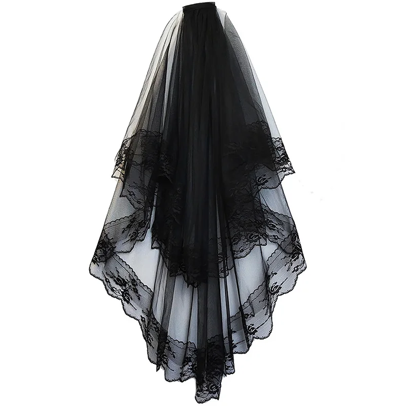 Bridal Veil Halloween Black White Bridal Lace Veils With Comb Short Two Layer Elegant Women Wedding
