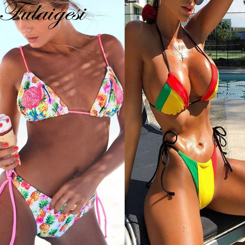 Бикини с принтом Фламинго ананаса микро мини трикини Холтер сексуальный