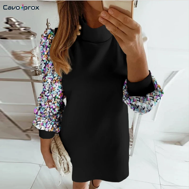 Женское блестящее коктейльное платье с цветными блоками и рукавами-фонариками